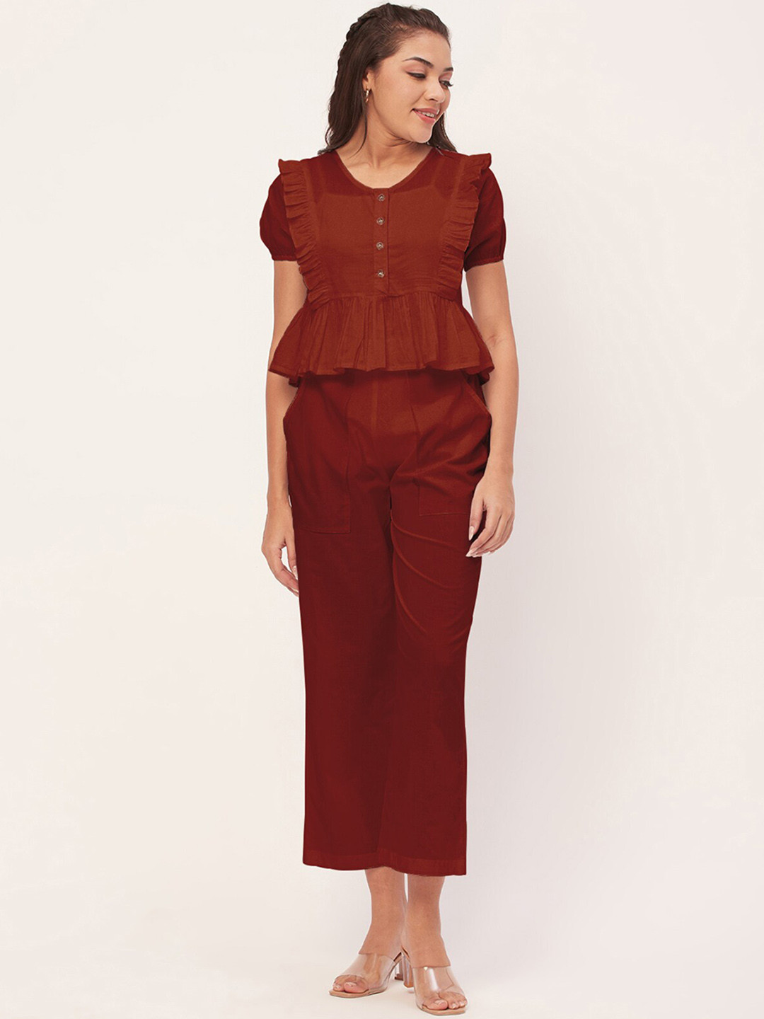 Moomaya Round-Neck Pure Cotton Ruffles & Flounces Top With Trouser