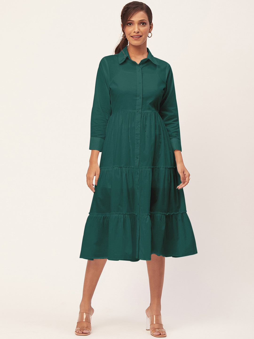 Moomaya Tiered Shirt Style Midi Dress