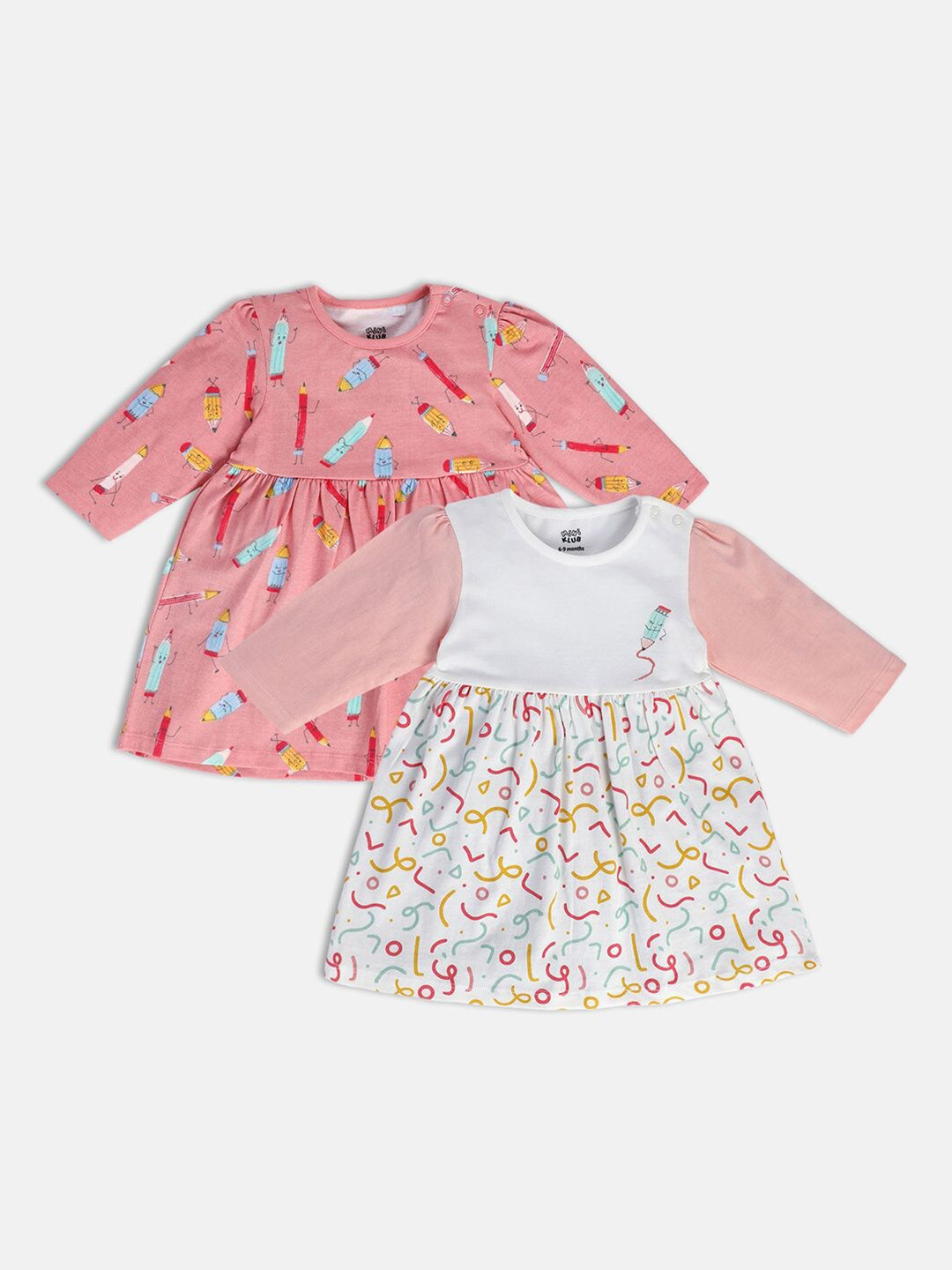 MINI KLUB Pack Of 2 Conversational Printed Gathered Pure Cotton Fit & Flare Dress