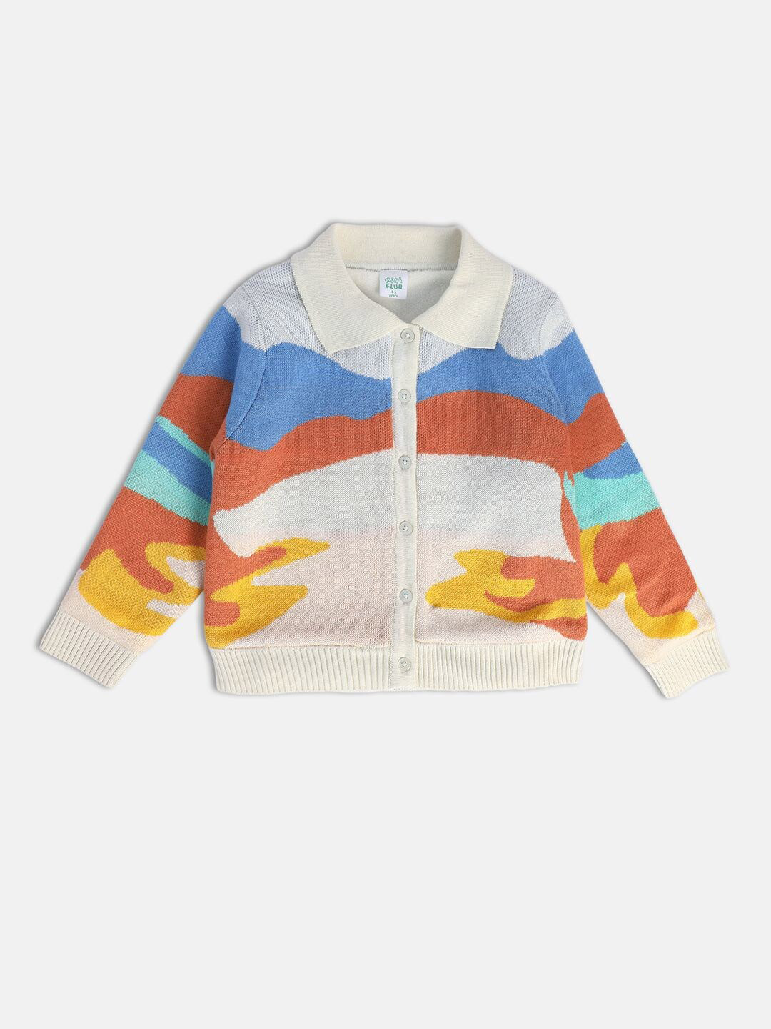 MINI KLUB Girls Colourblocked Shirt Collar Pure Acrylic Cardigan