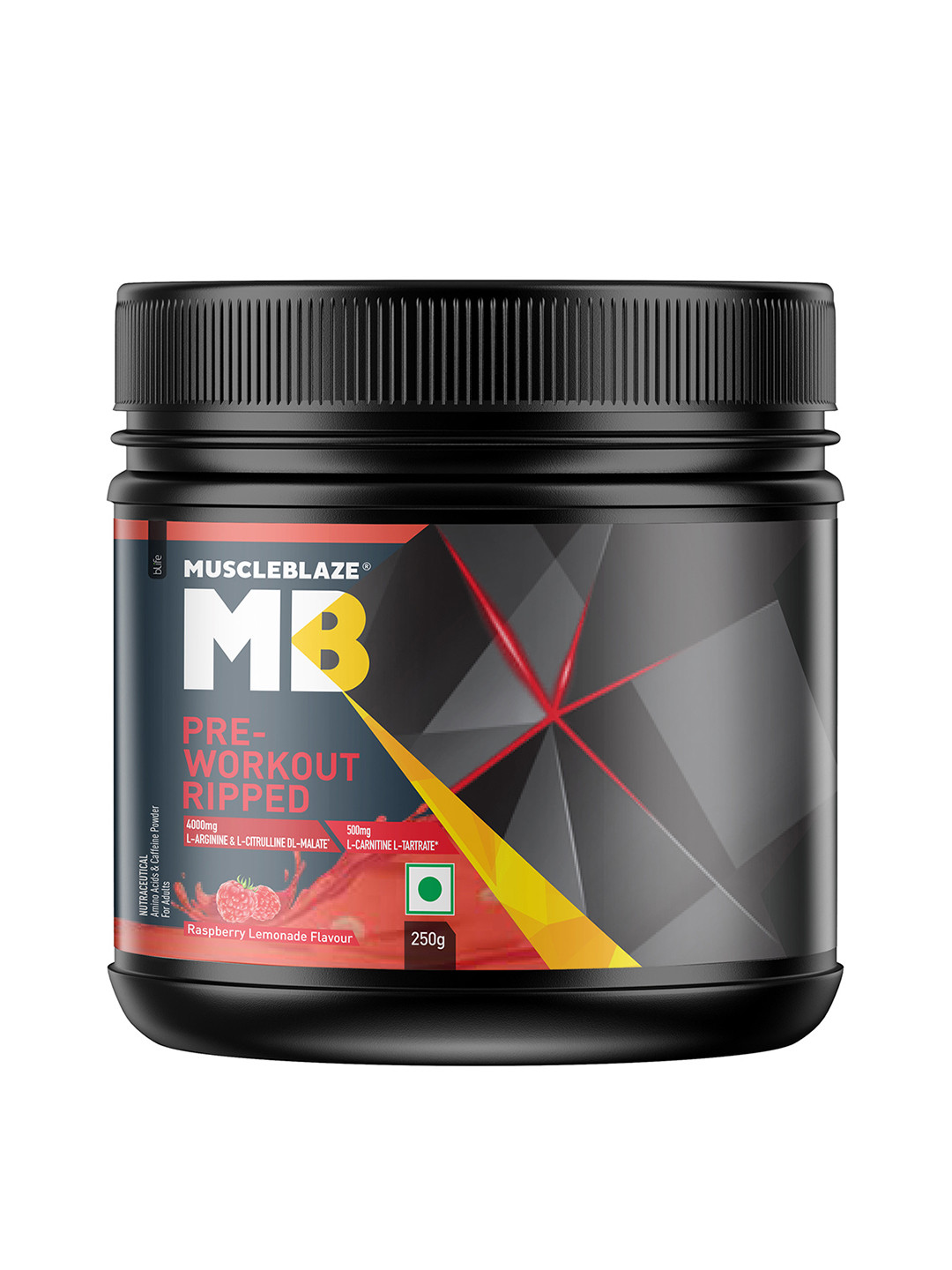 MuscleBlaze Pre Workout Ripped 4000 mg Citrulline & L-Arginine Raspberry Lemonade-250gms