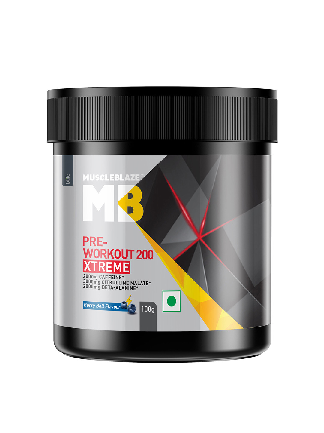MuscleBlaze Pre Workout Berry Bolt 200 Xtreme 200 mg Caffeine & 200 mg Theanine - 100 gm