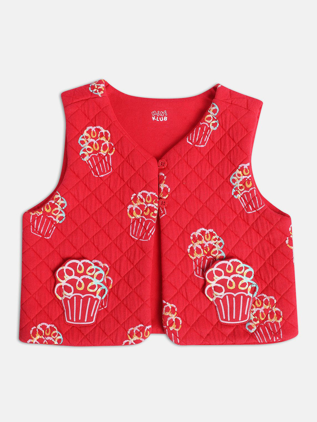 MINI KLUB Girls Conversational Printed V-Neck Sleeveless Lightweight Front-Open Jacket