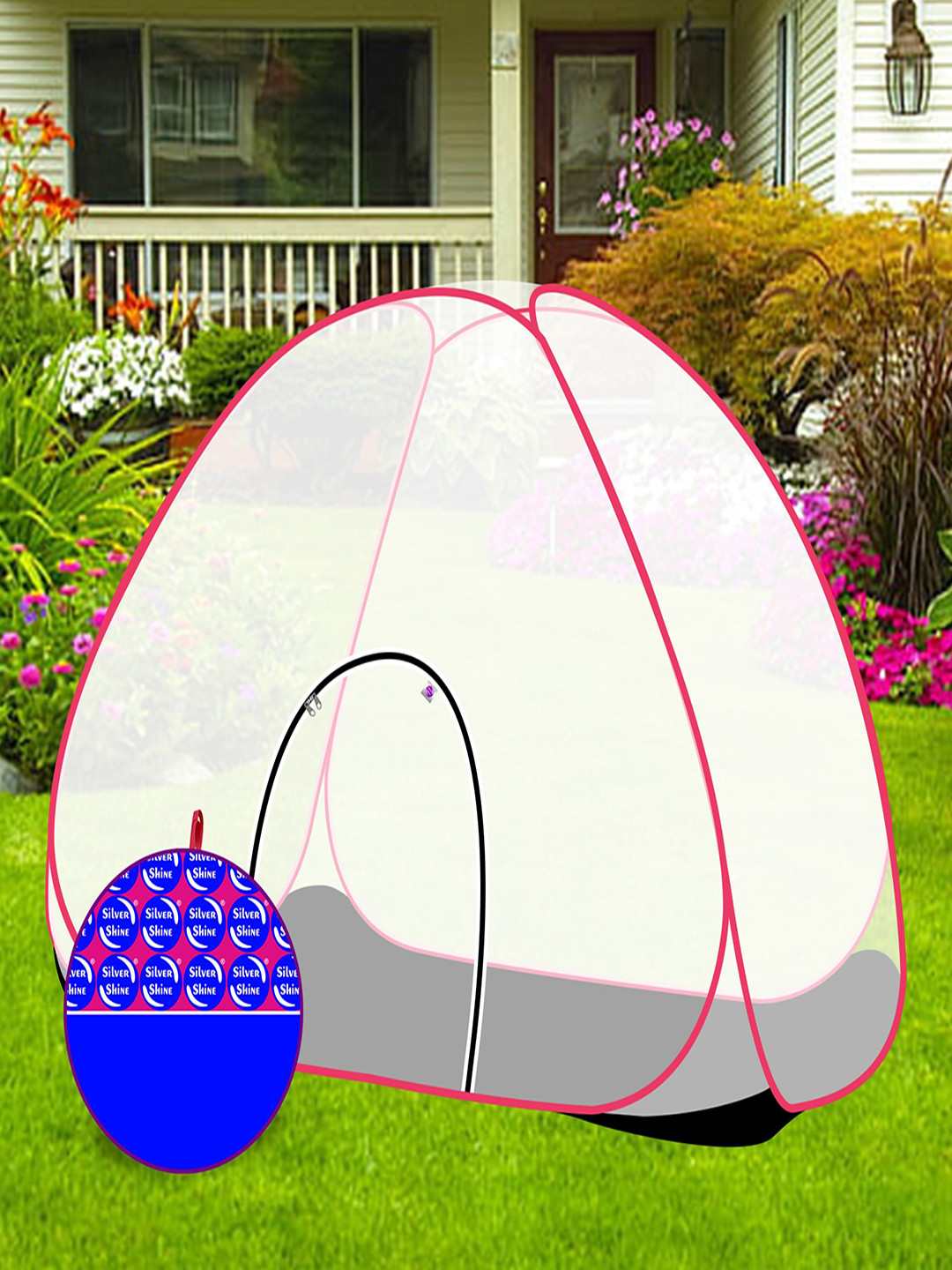 Silver Shine White & Pink Foldable Single Bed Mosquito Net