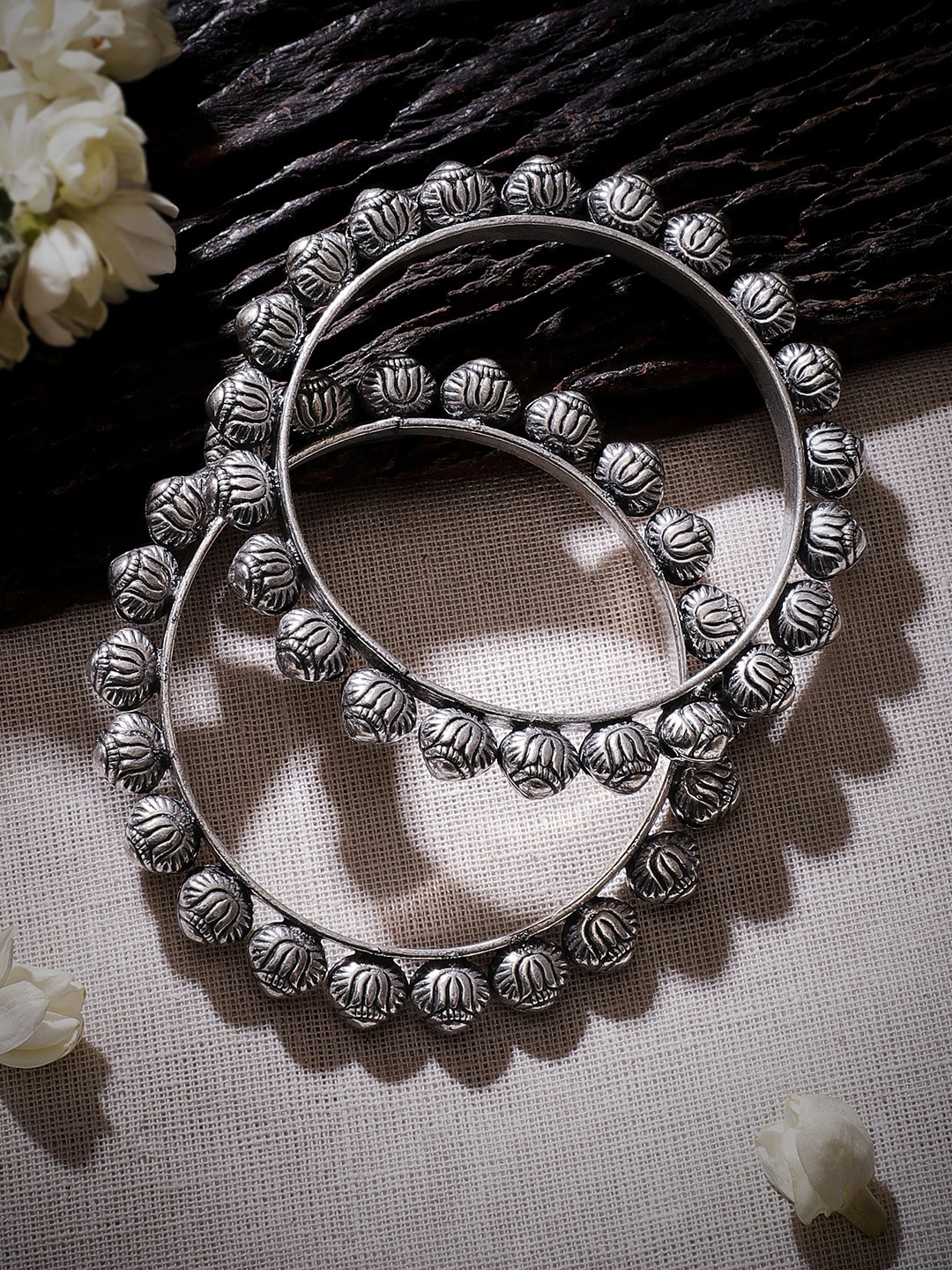 Rubans Set of 2 Oxidized Silver-Plated Floral Dome Bead Detailed Traditional Bangles