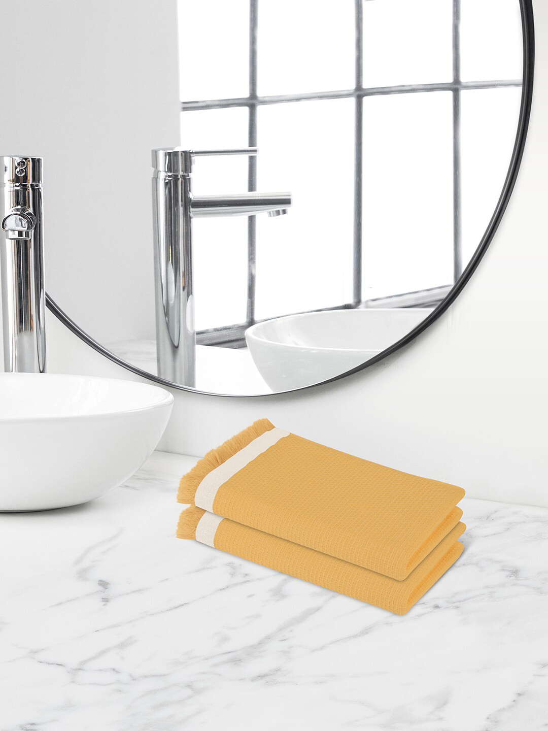 Himeya Yellow 2 Pieces Self-Designed 350 GSM Cotton Hand Towels