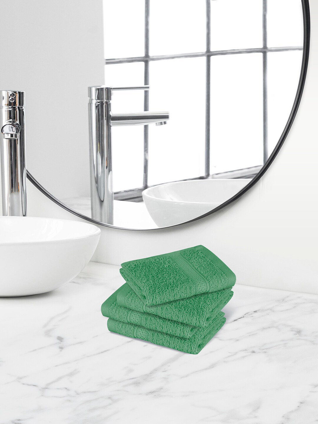 Himeya 4 Pcs Green Self Design 450 GSM Pure Terry Cotton Face Towels