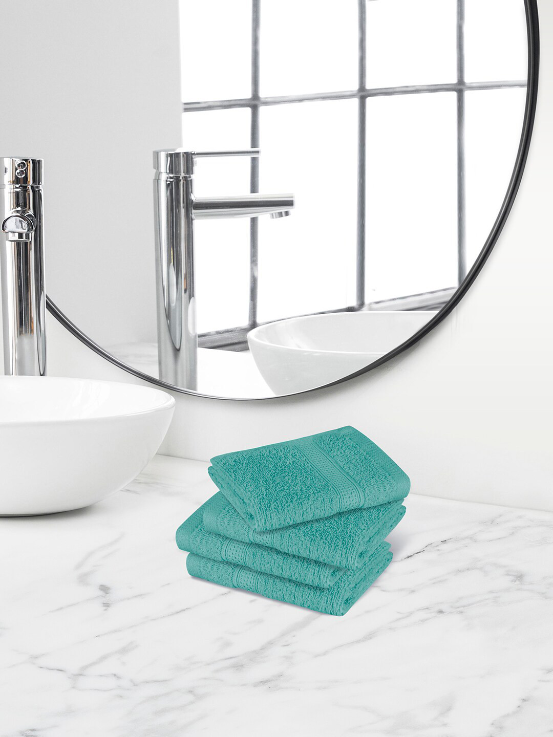 Himeya 4 Pcs Turquoise Blue Self Design 450 GSM Pure Terry Cotton Face Towels