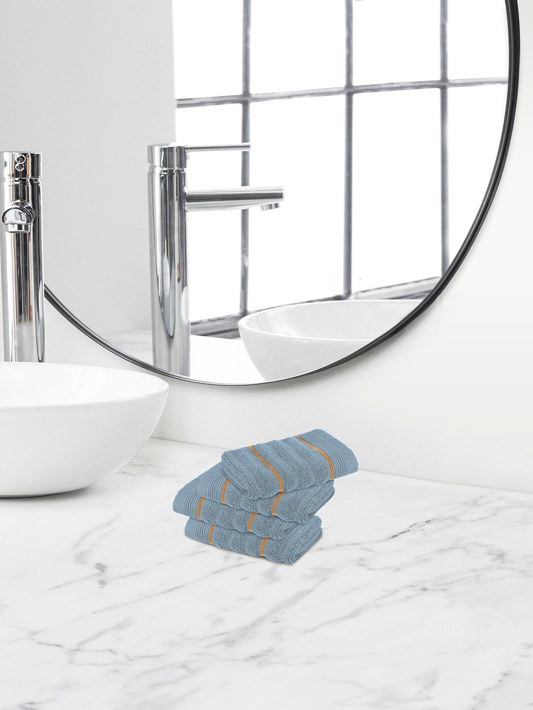 Himeya Navy-Blue & Yellow 4 Pieces Striped 550 GSM Cotton Face Towels