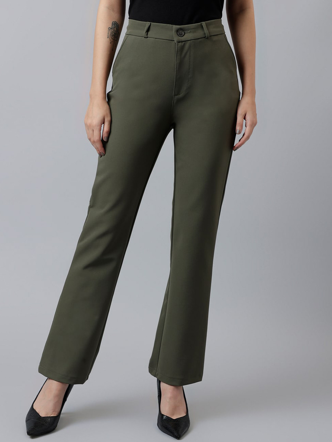 Xpose Women Green Comfort High-Rise Acrylic Bootcut Trousers
