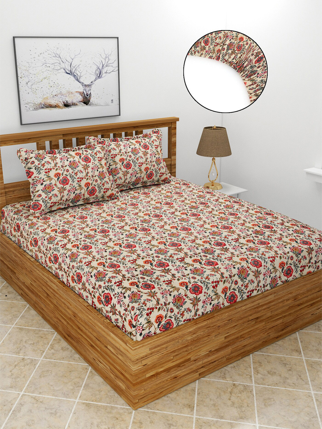 MORADO Red & Green Floral 210 TC Fitted Queen Bedsheet With 2 Pillow Covers