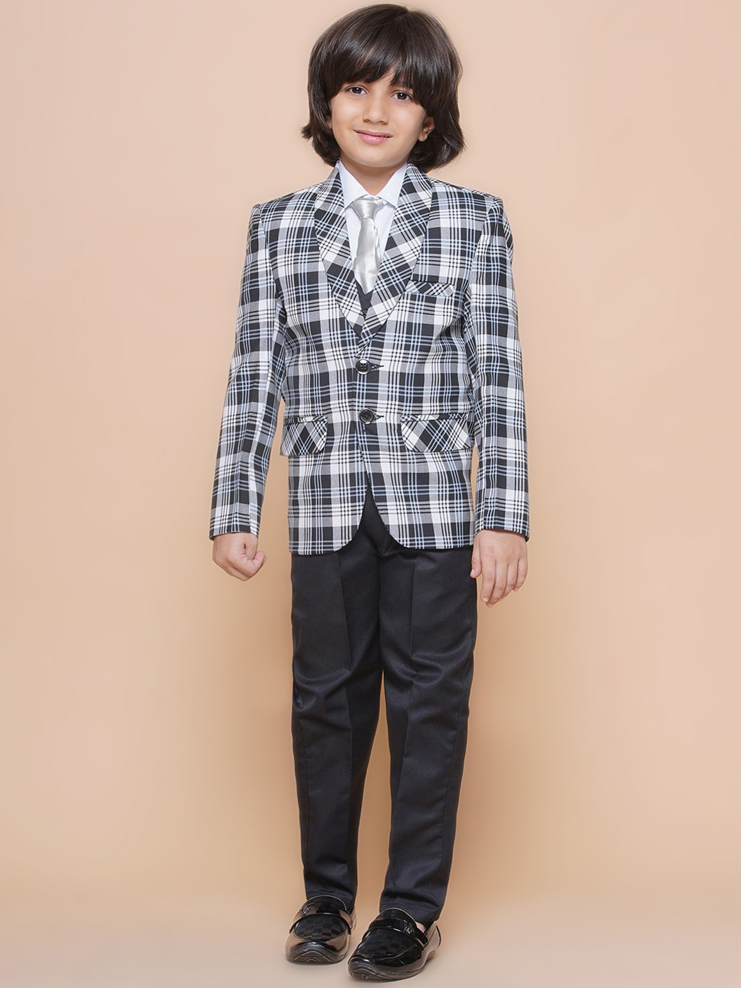Aj DEZInES Boys Checked Single-Breasted Three-Piece Cotton Suit