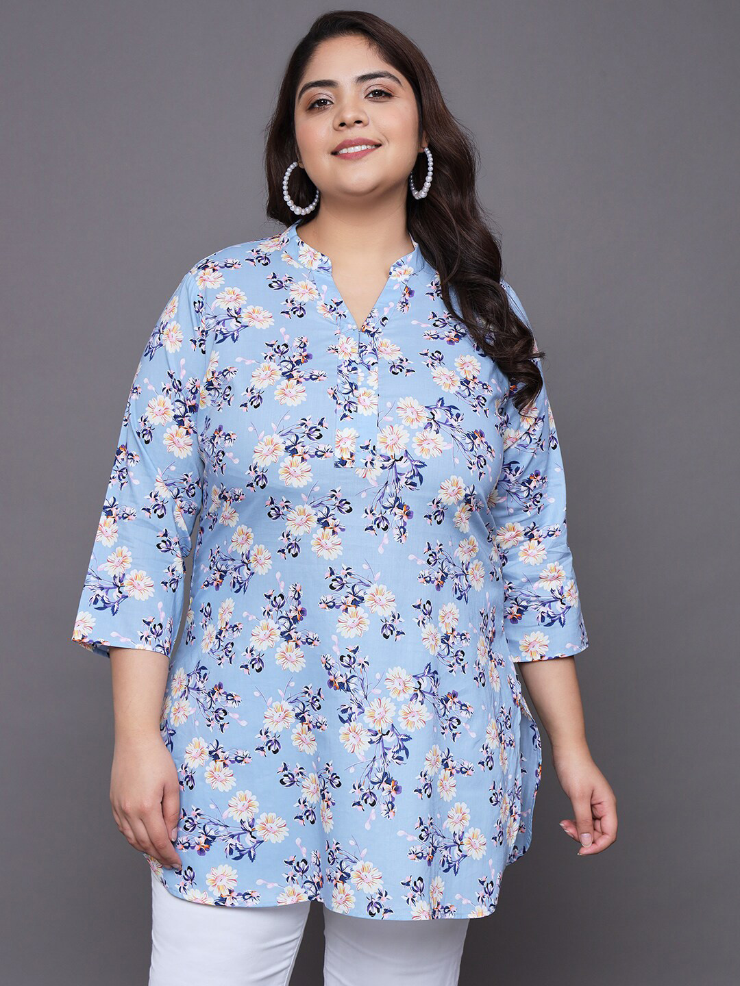 Tissu Blue & Floral Printed Pure Cotton Kurti