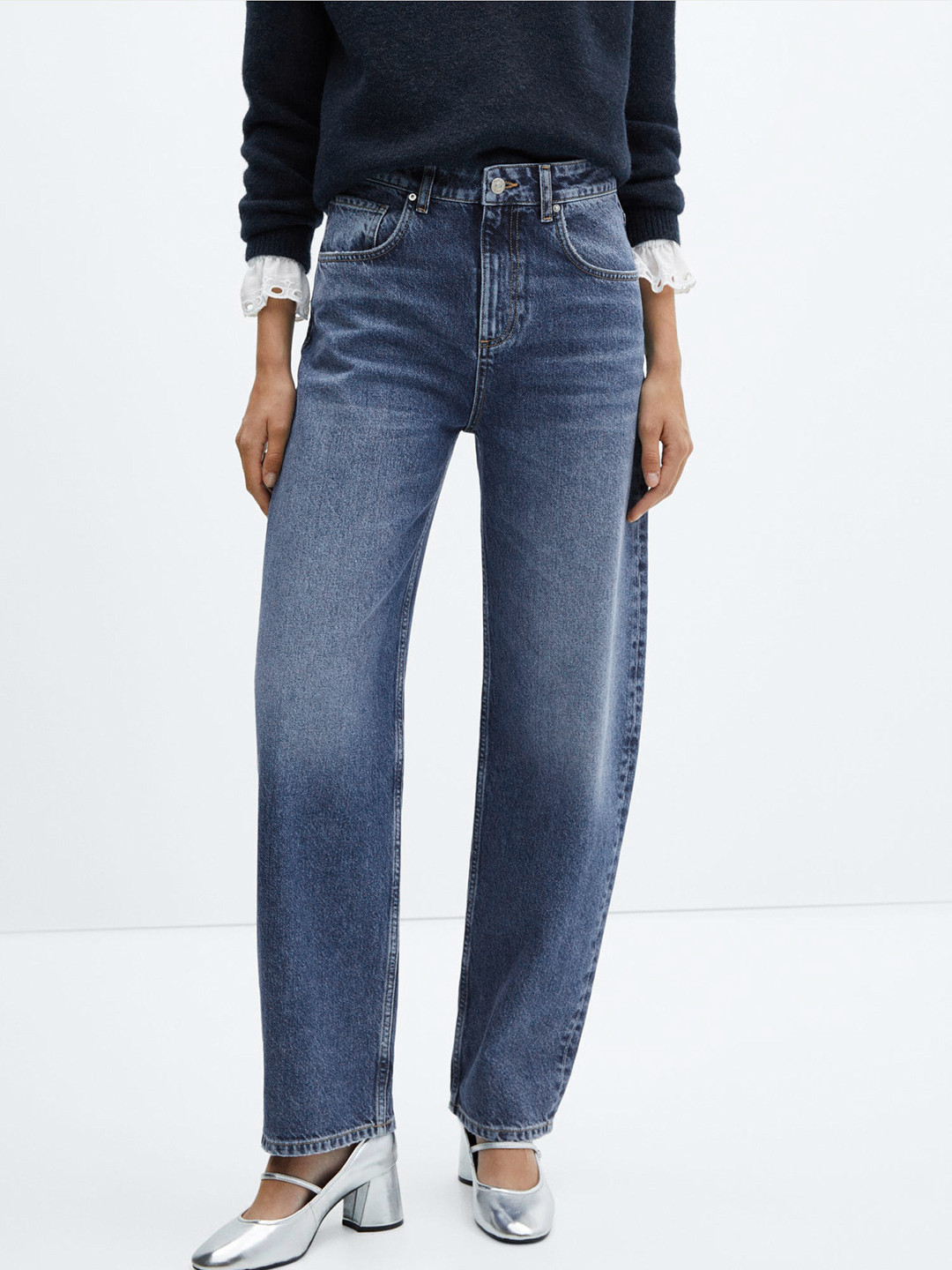 MANGO Women High-Rise Balloon Pure Cotton Light Fade Jeans