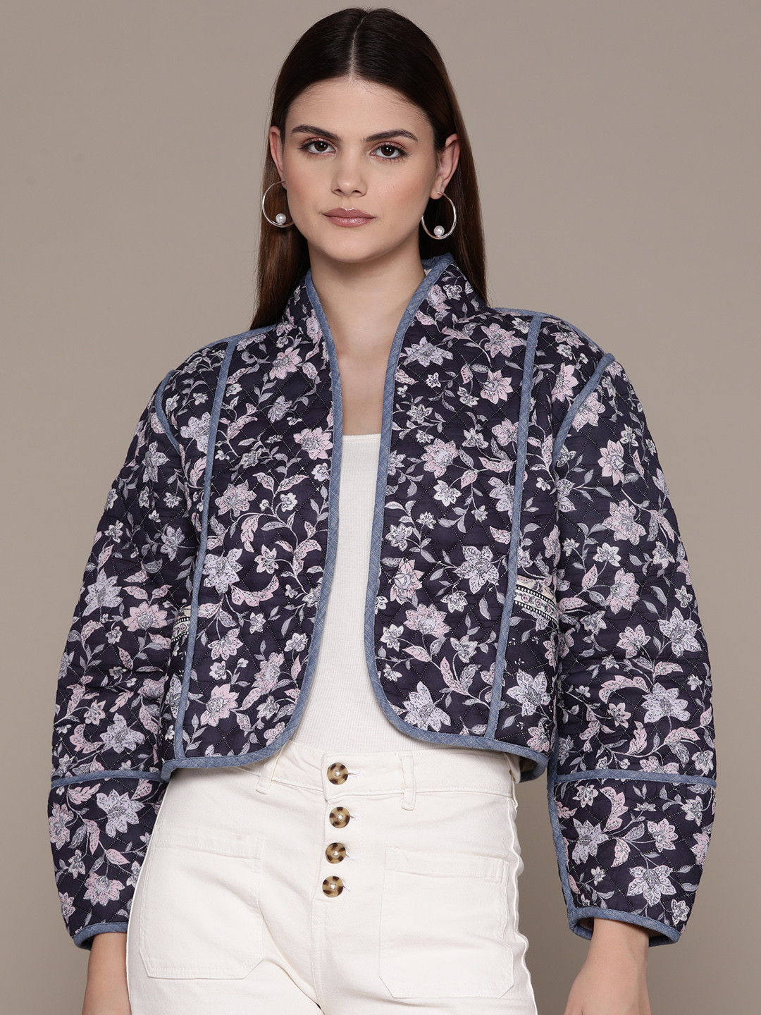 MANGO Floral Print Cotton Quilted Open Front Reversible Jacket