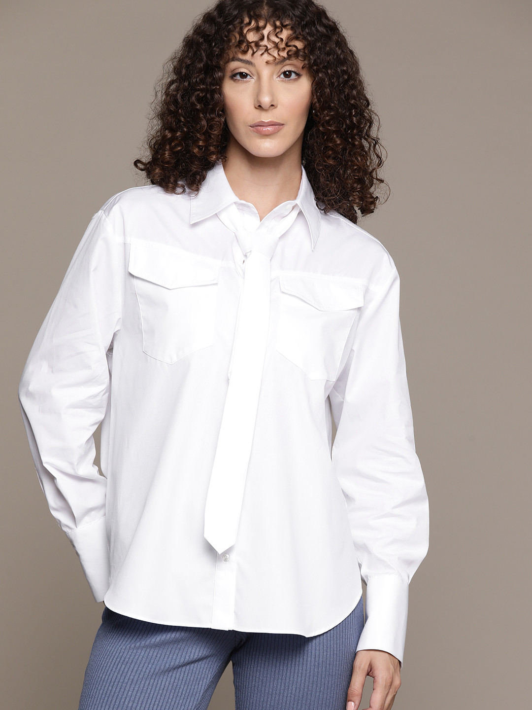 MANGO Pure Cotton Shirt with Neck Tie