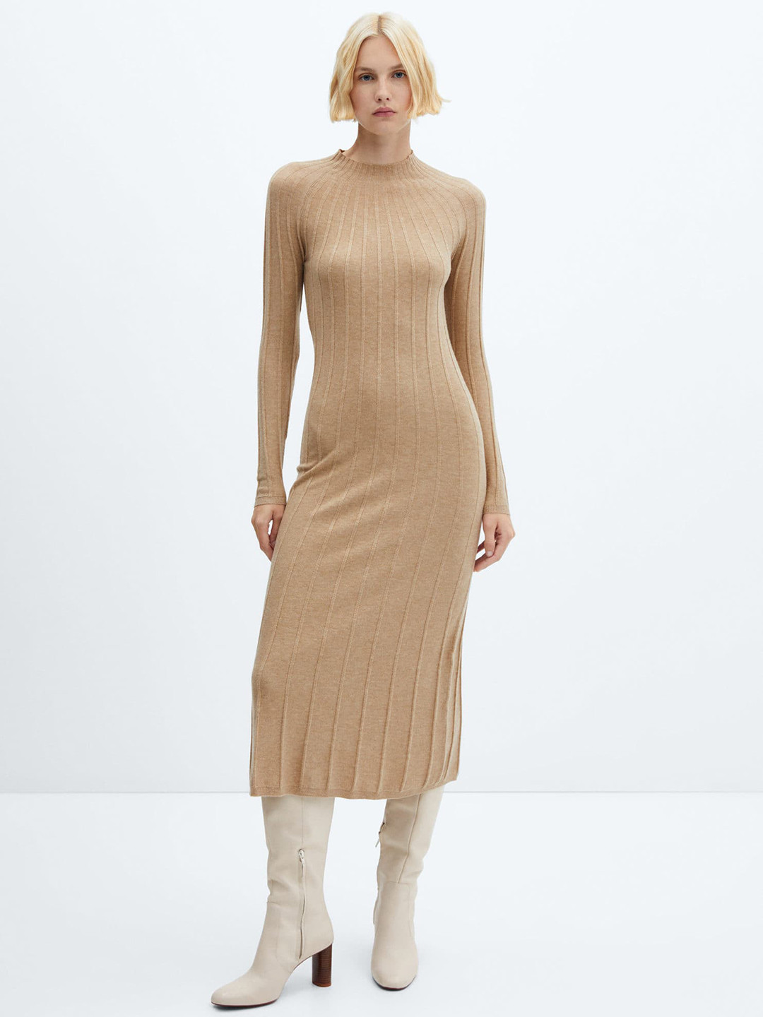 MANGO Self Striped Design High Neck Extended Sleeves Midi Jumper Dress