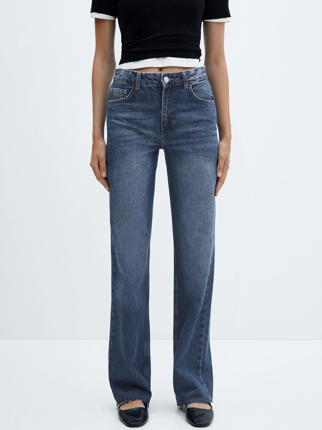 MANGO Women Frayed Hem Wide Leg Light Fade Pure Cotton Jeans