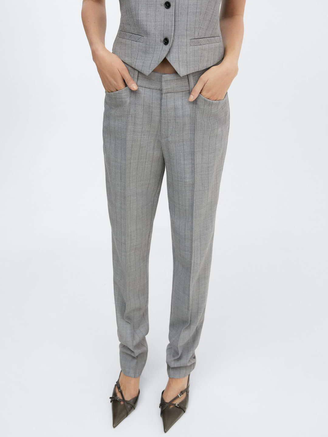 MANGO Women Striped Pleated Formal Wide Leg Trousers