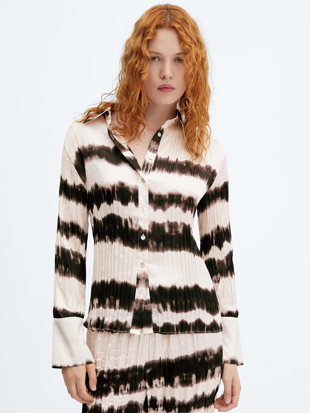 MANGO Tie-Dye Effect Satin Finish Pleated Shirt
