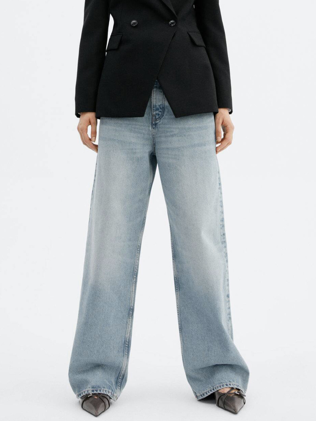 MANGO Women Wide Leg Heavy Fade Pure Cotton Jeans