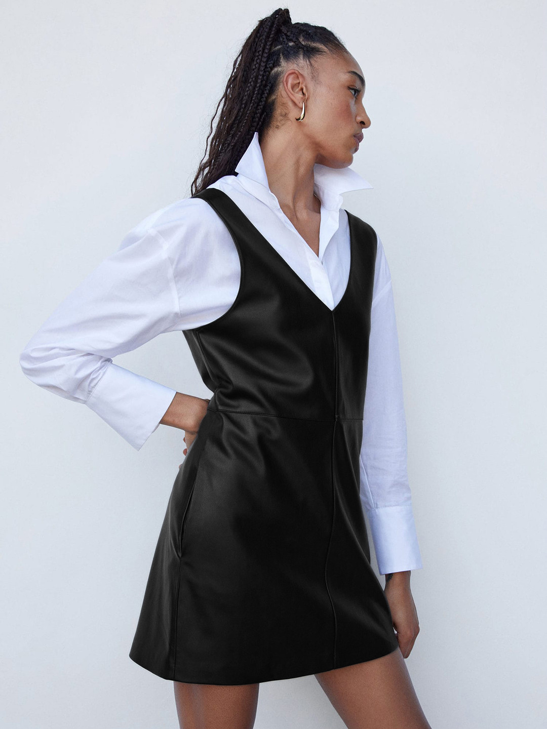 MANGO Faux-Leather Sleeveless Pinafore Mini Dress