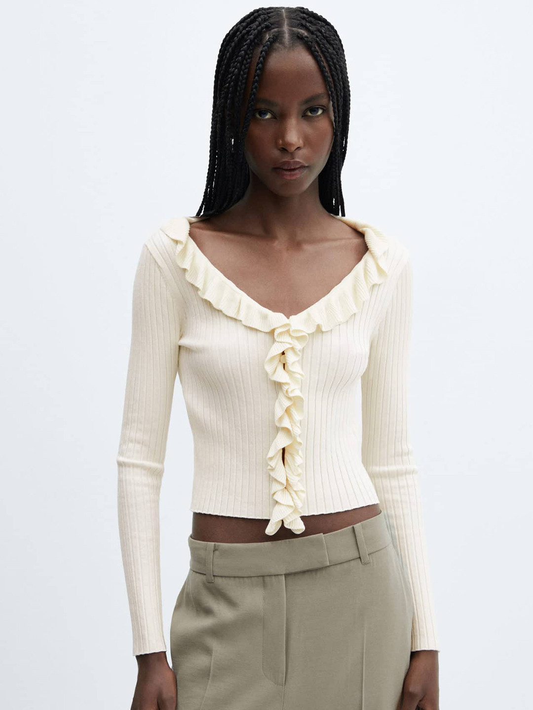 MANGO Ruffle Ribbed Crop Cardigan