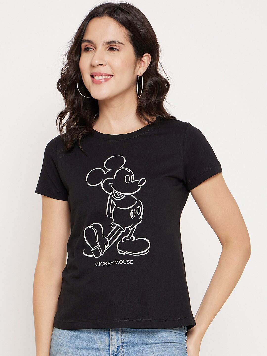 Wear Your Mind Women Black Typography Mickey Mouse Printed Pure Cotton Raw Edge T-shirt