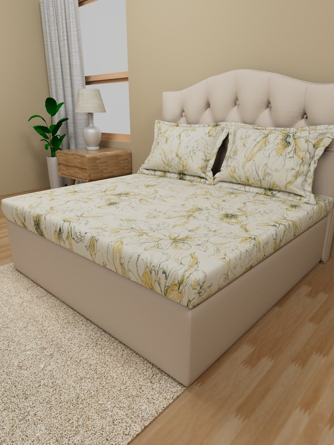 Himeya Percale Yellow Floral Pure Cotton 180 TC Queen Fine Bedsheet with 2 Pillow Covers-254 x 274 cm
