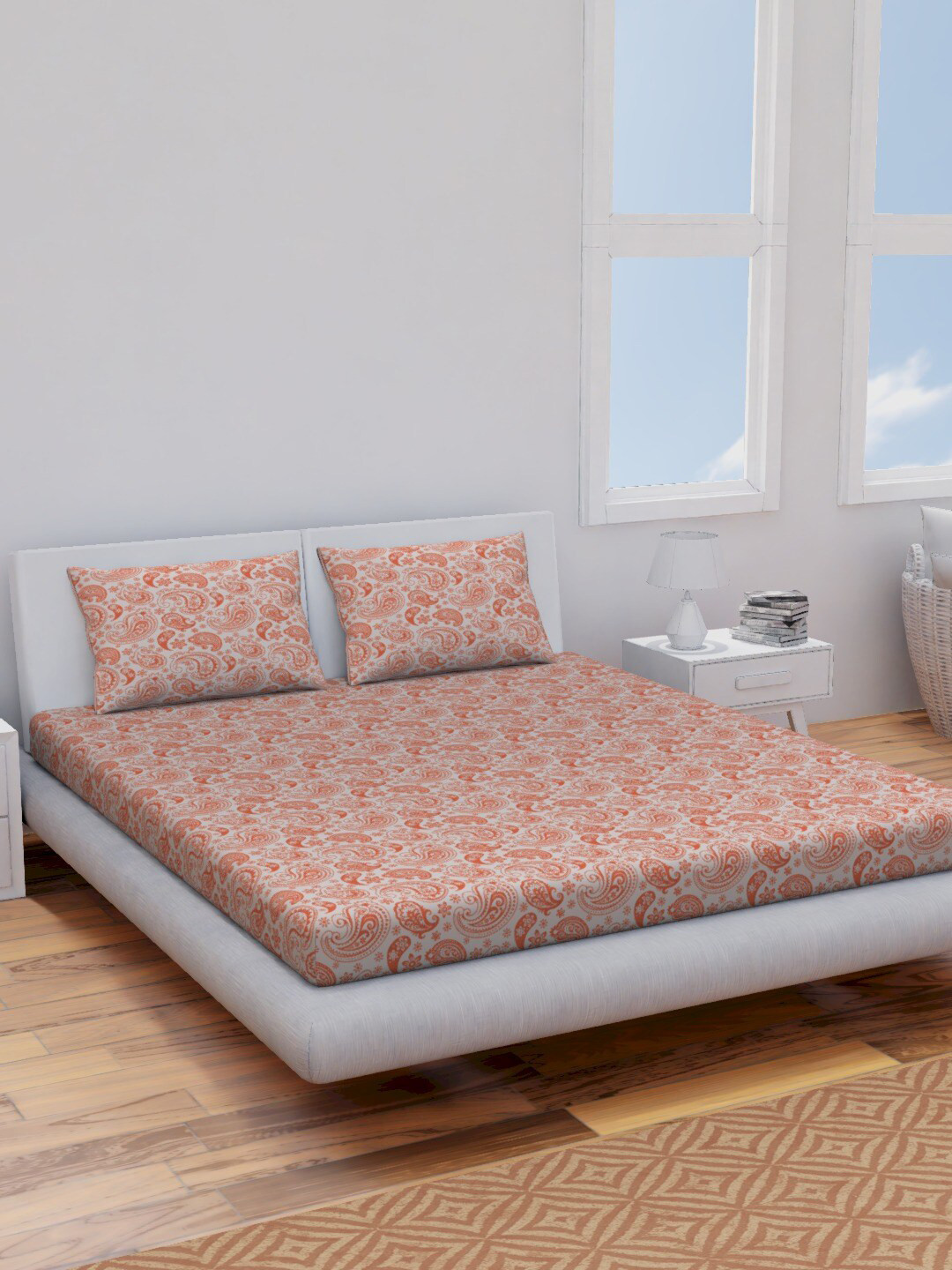 Himeya Percale Grey Paisley Pure Cotton 120 TC Queen Bedsheet with 2 Pillow Covers-88 x 100 inches