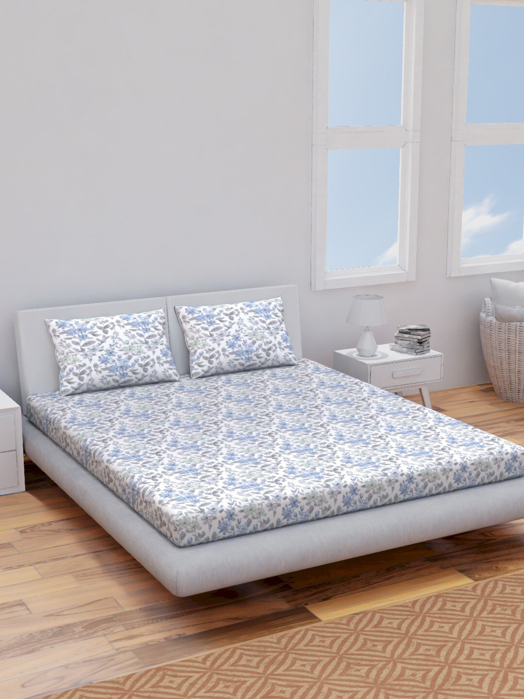 Himeya Percale White Floral Pure Cotton 144 TC King Bedsheet with 2 Pillow Covers-108 x 108 inches