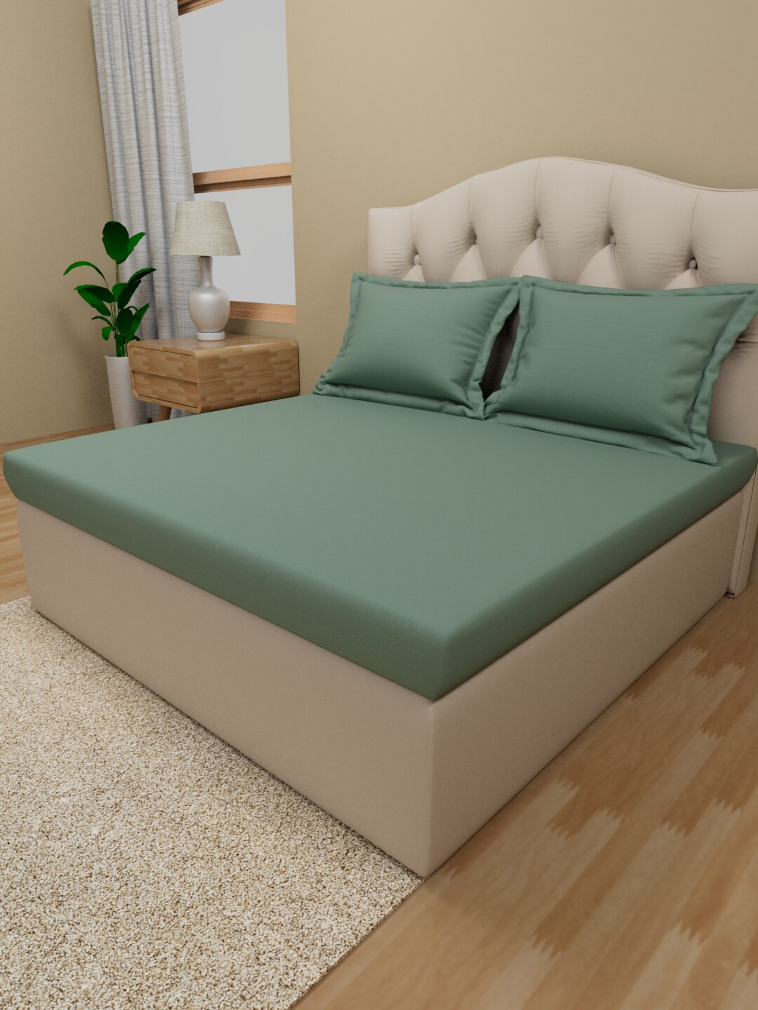 Himeya Percale Green Cotton 210 TC Queen Fine Bedsheet with 2 Pillow Covers-100 x 108 inches