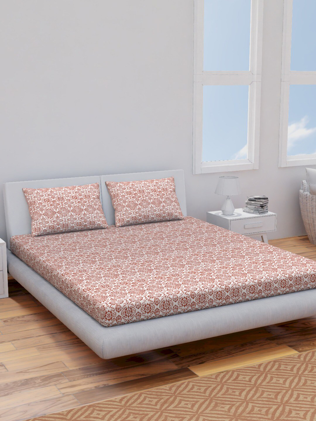 Himeya Rust Ethnic Motifs Cotton 120 TC King Bedsheet with 2 Pillow Covers-108 x 108 inches
