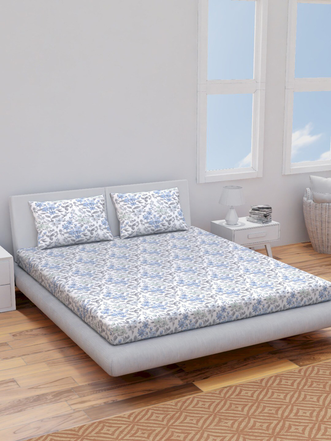 Himeya Sapphire Grey Floral Cotton Breathable 144 TC Queen Bedsheet with 2 Pillow Covers-224 x 254 cm