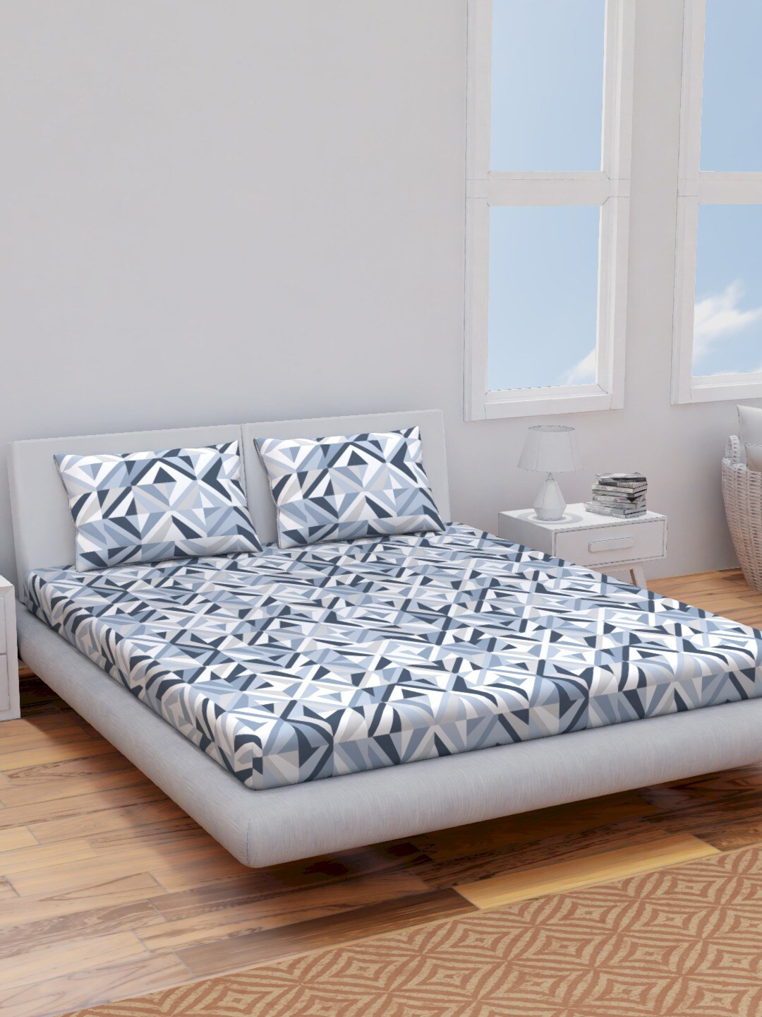 Himeya Blue Geometric Cotton 120 TC Queen Bedsheet with 2 Pillow Covers-88 x 100 inches