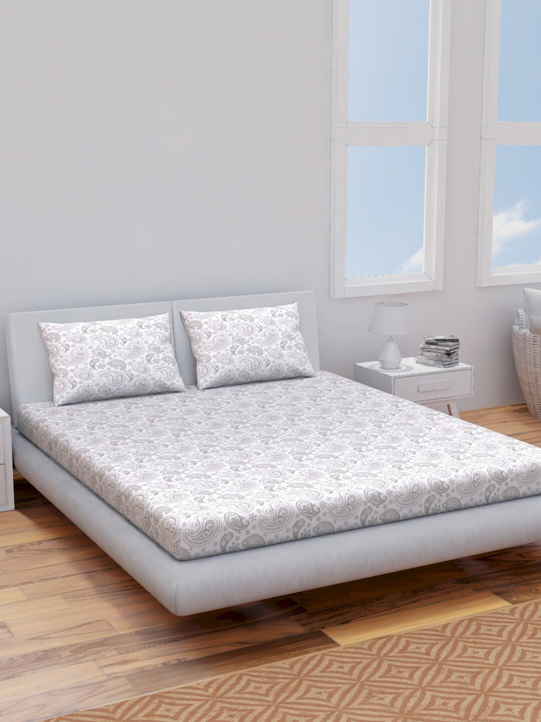 Himeya Grey Paisley Cotton 120 TC Queen Bedsheet with 2 Pillow Covers-88 x 100 inches