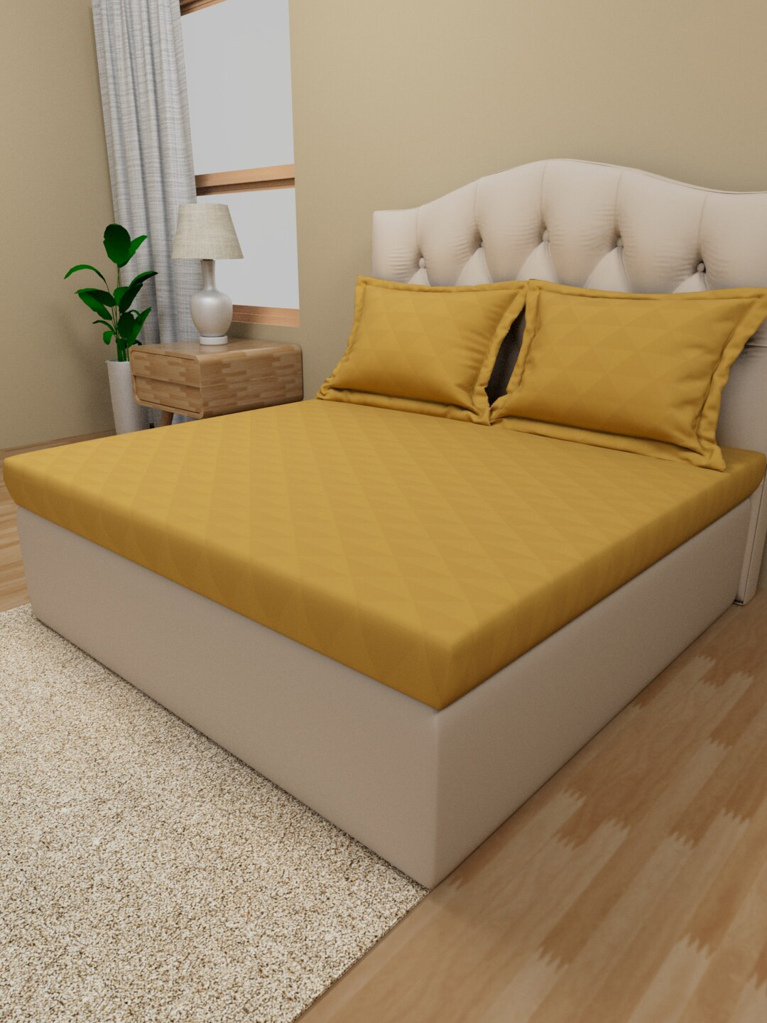 Himeya Gold Geometric Cotton 300 TC Fitted King Fine Bedsheet with 2 Pillow Covers-108 x 108 inches