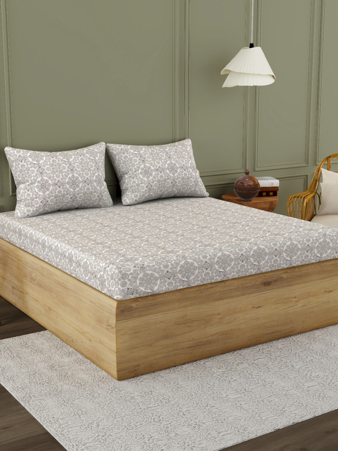 Himeya Warm Grey Ethnic Motifs Pure Cotton 300 TC King Fine Bedsheet with 2 Pillow Covers-108 x 108 inches