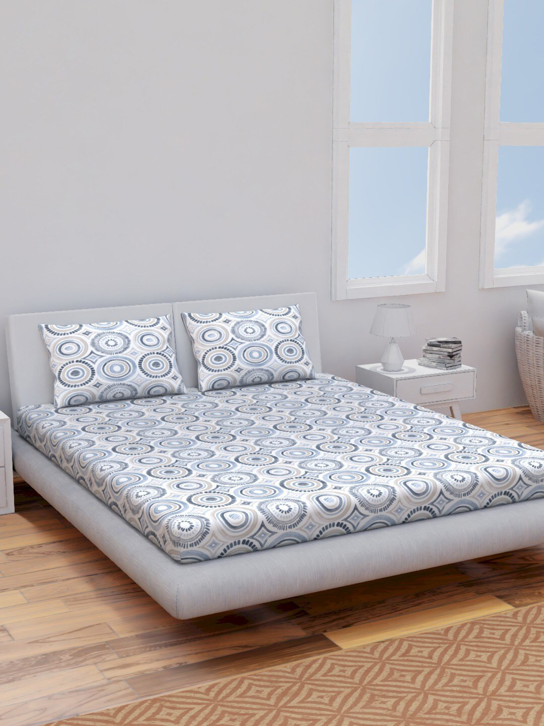 Himeya Navy Blue Geometric Cotton 120 TC Fitted Queen Bedsheet with 2 Pillow Covers-88 x 100 inches