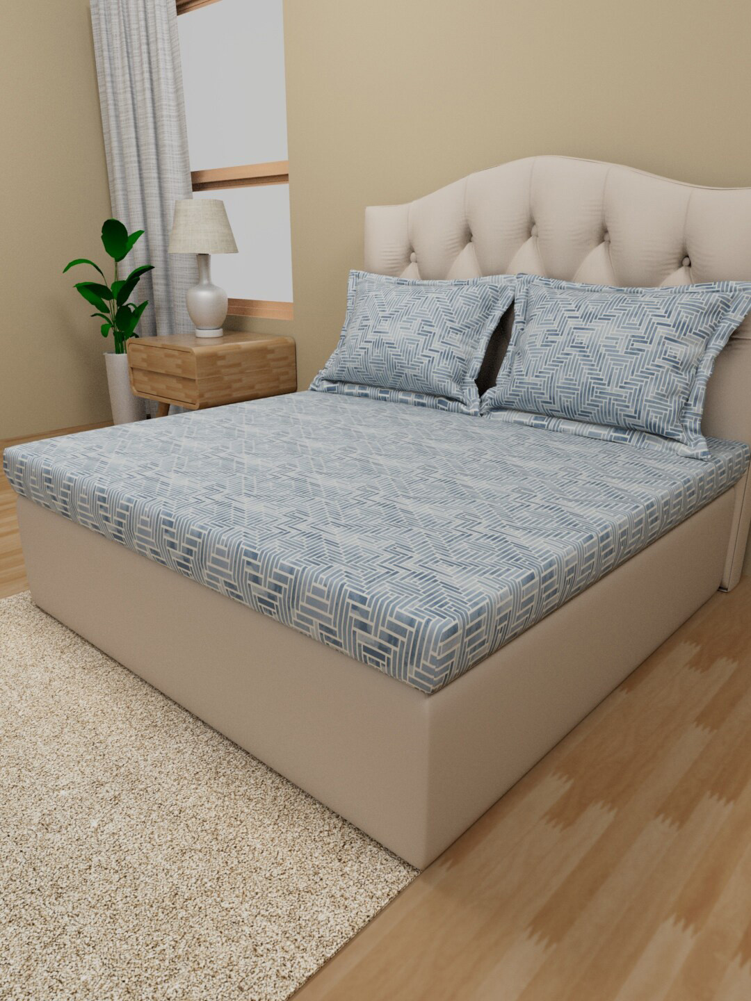 Himeya Faded Navy Blue Geometric Cotton 180 TC King Fine Bedsheet with 2 Pillow Covers-108 x 108 inches