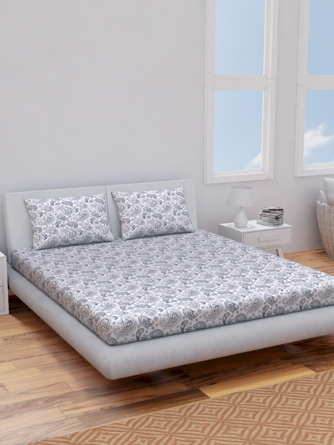 Himeya Navy Blue Paisley Cotton 120 TC King Bedsheet with 2 Pillow Covers-108 x 108 inches