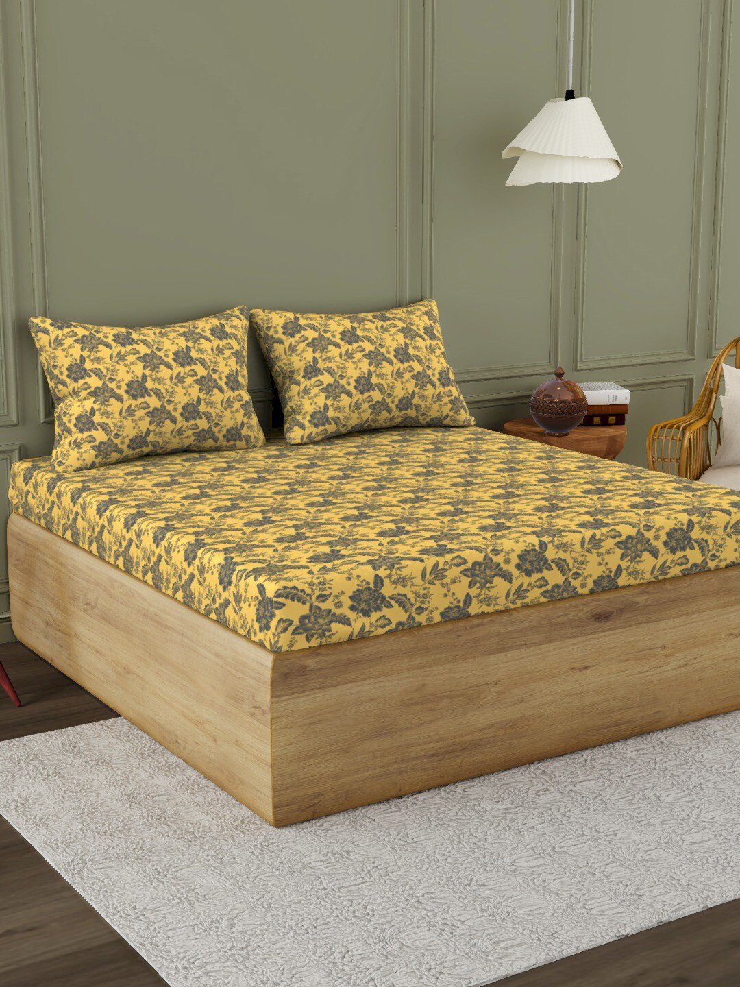 Himeya Gold Floral Cotton Breathable 300 TC King Fine Bedsheet with 2 Pillow Covers-108 x 108 inches