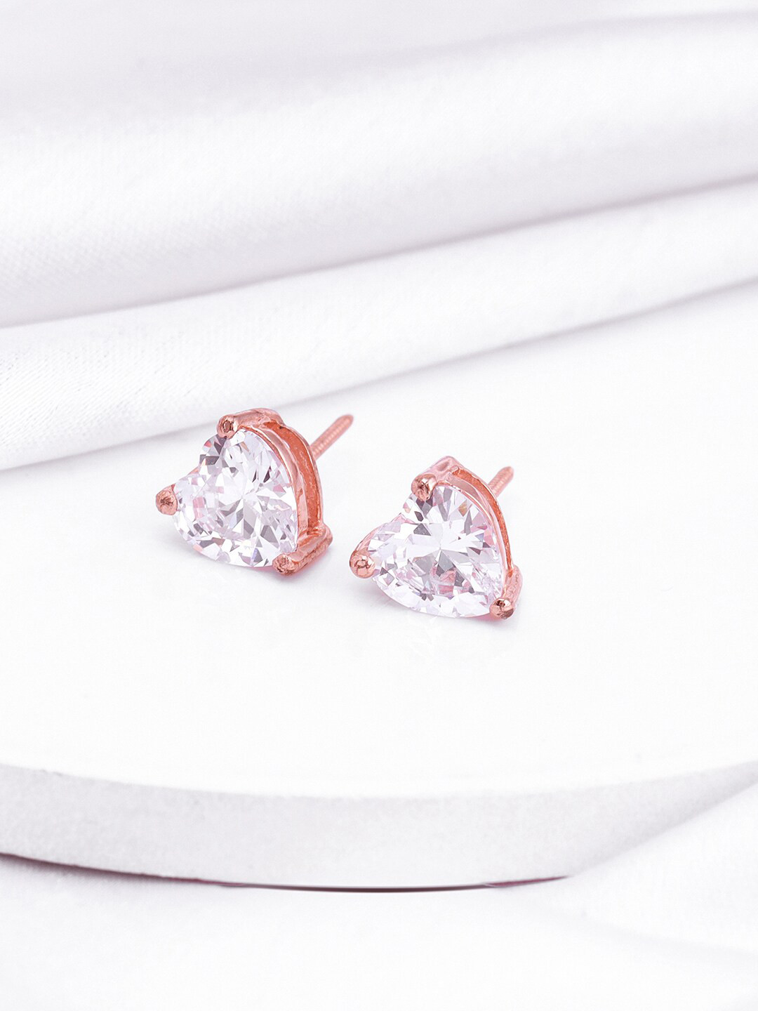 GIVA Rose Gold-Plated 925 Sterling Silver Stone-Studded Heart Shaped Studs Earrings