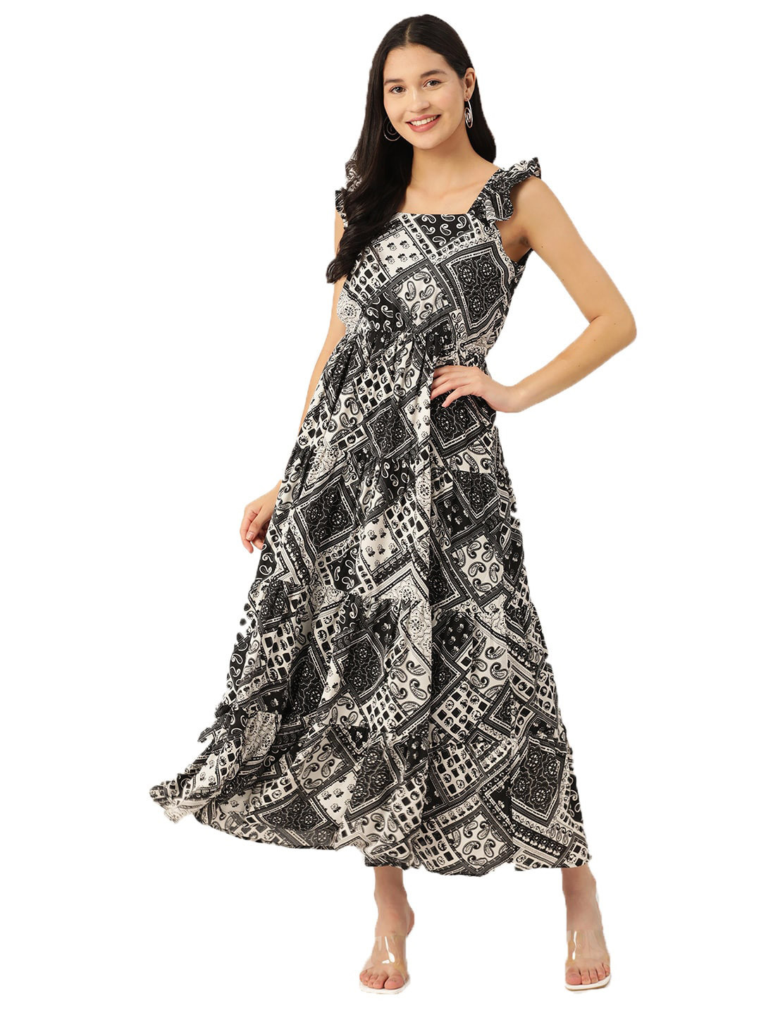 DressBerry Black & White Geometric Printed Flutter Sleeve Georgette Fit & Flare Dress