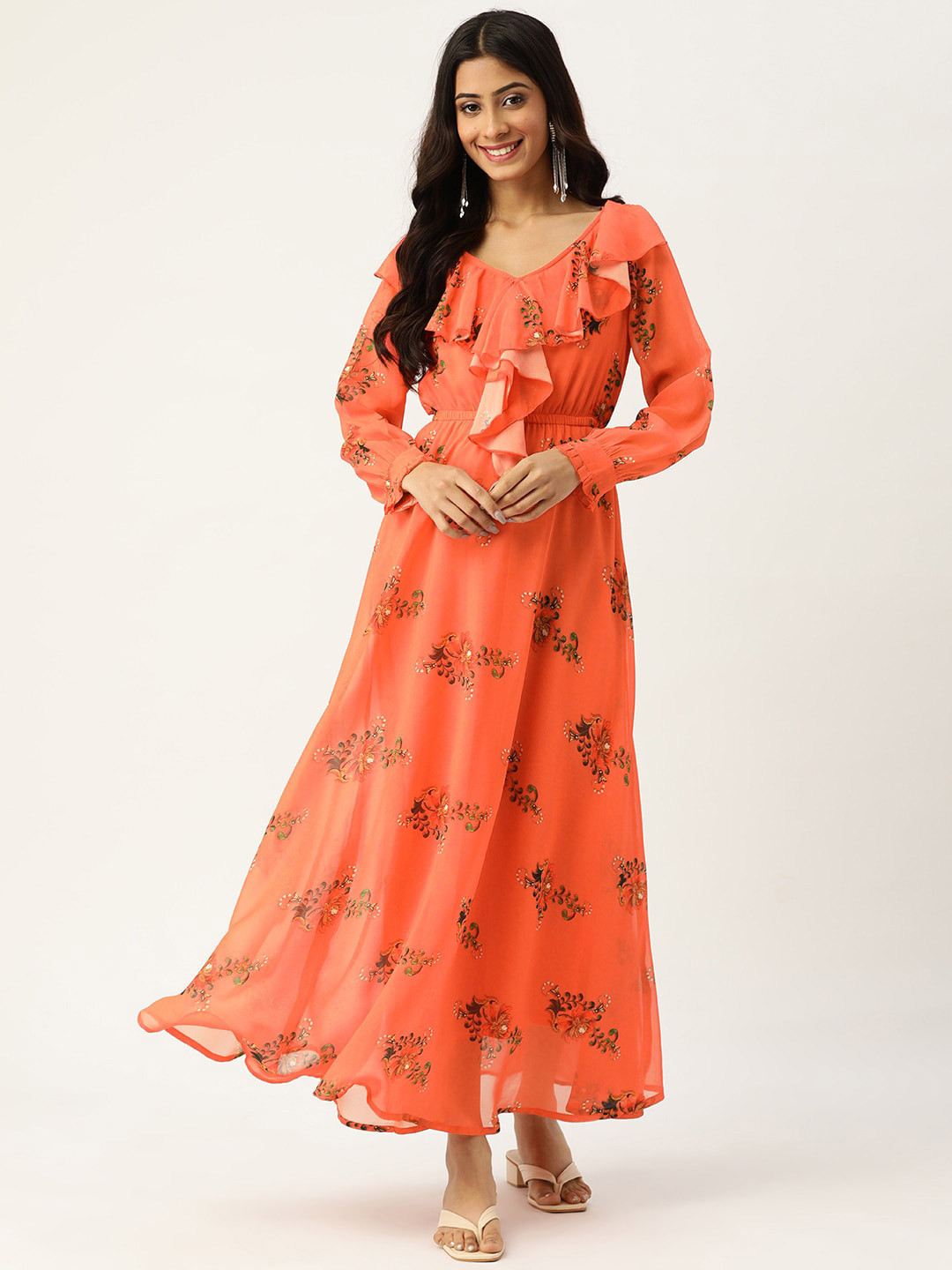 DressBerry Floral Printed Ruffled Cuffed Sleeves Georgette Maxi Fit & Flare Dress