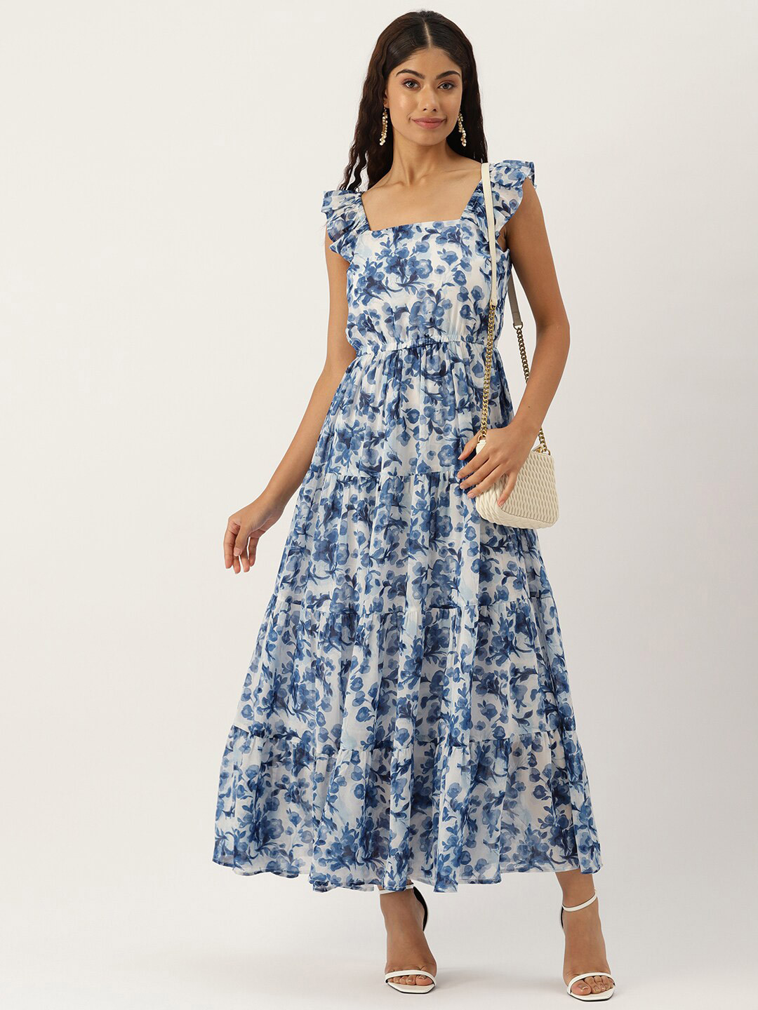 DressBerry Floral Printed Square Neck Ruffled Tiered Georgette Maxi Fit & Flare Dress
