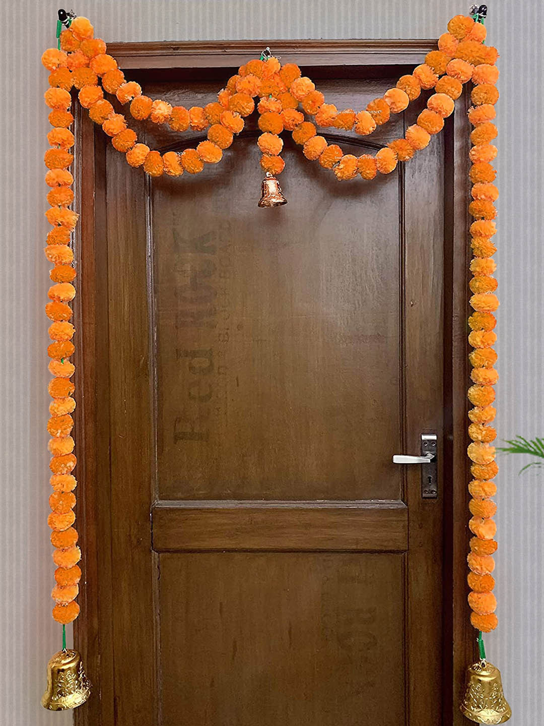 TIED RIBBONS Orange Marigold Flowers Garland Toran With Bells