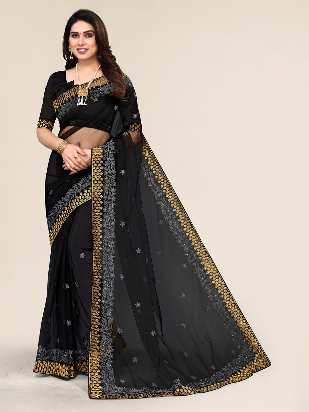 ALAGINI Ethnic Motifs Embroidered Net Saree