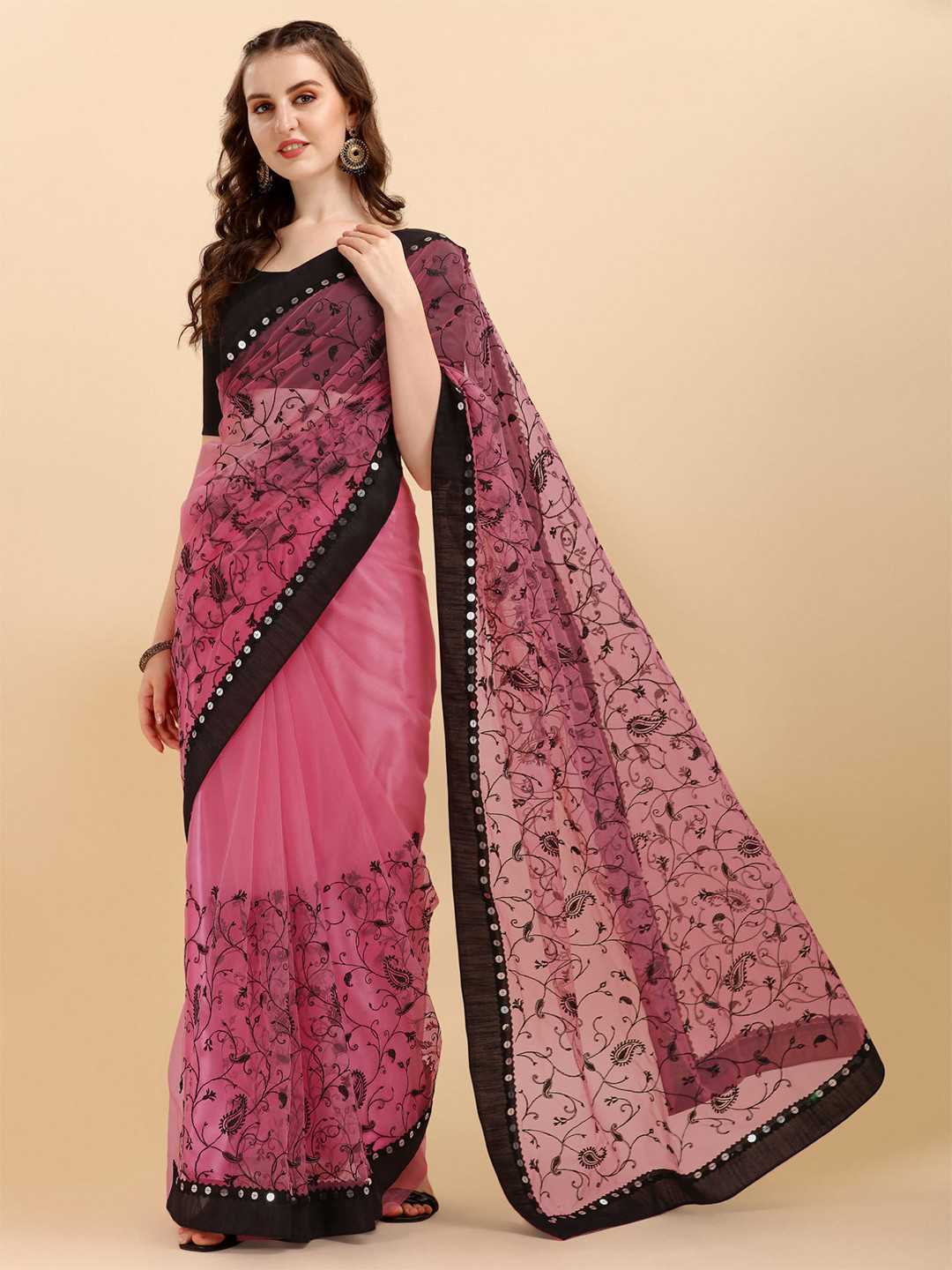 ALAGINI Paisley Embroidered Sequinned Net Chanderi Saree
