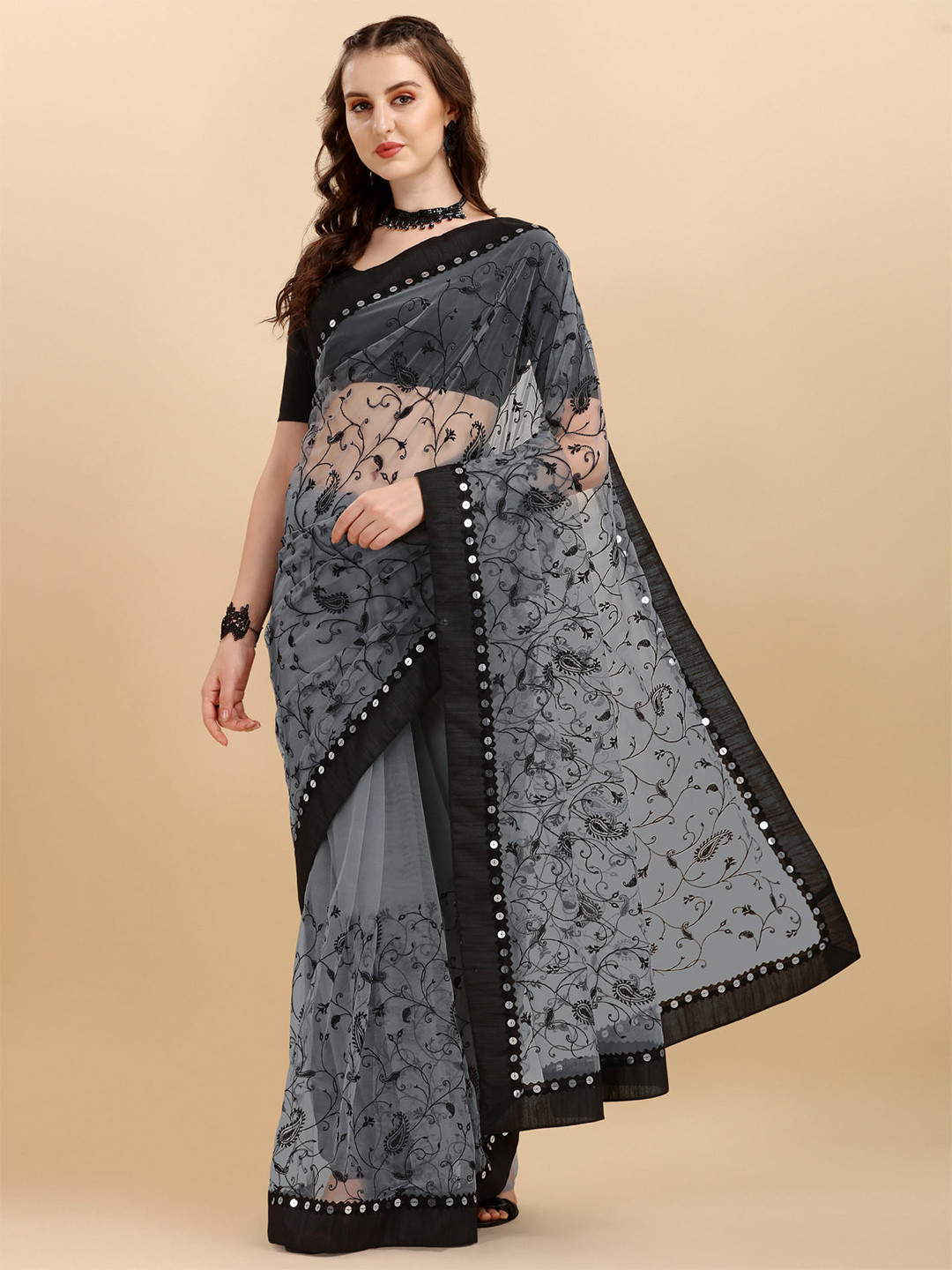 ALAGINI Paisley Embroidered Sequinned Net Chanderi Saree